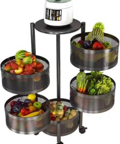 Perfk rolling trolley storage rack with rotating mesh basket, suitable for kitchens.