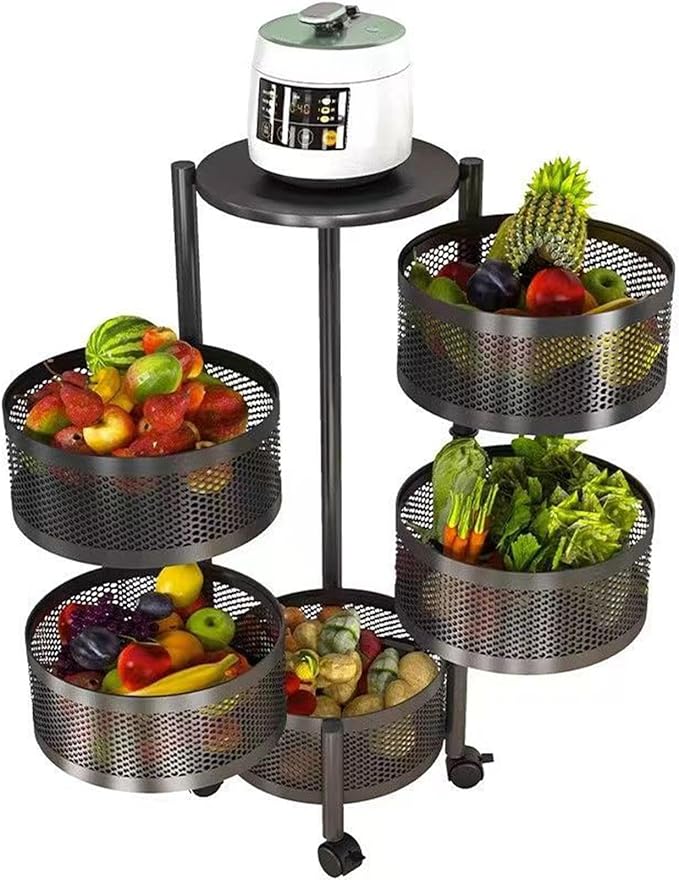 Perfk rolling trolley storage rack with rotating mesh basket, suitable for kitchens.